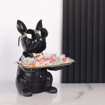 QIANLING Modern Decor Resin Bulldog Tray Statue Storage Key Holder Candy Jewelry Earrings Suitable for Home Art Dining Table Office Small Object (Black)