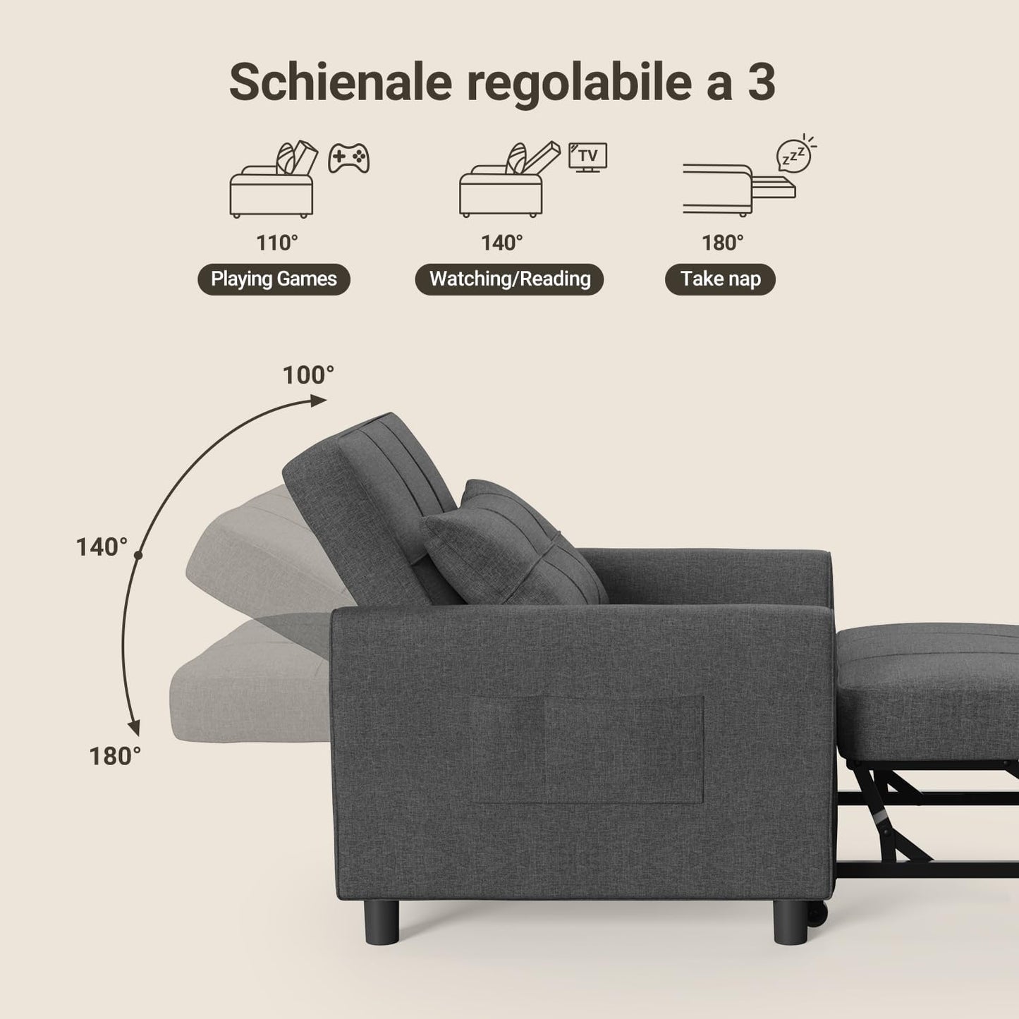 Xbro 3 in 1 Single Armchair Bed, Adjustable Backrest, Space-Saving Relax Sofa with Integrated Bag for Apartment/Bedroom
