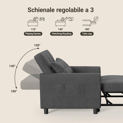 Xbro 3 in 1 Single Armchair Bed, Adjustable Backrest, Space-Saving Relax Sofa with Integrated Bag for Apartment/Bedroom
