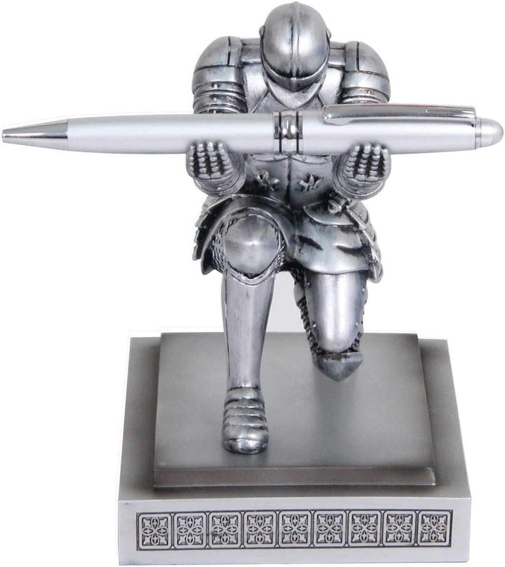 Amoysanli Knight Pen Holder Desk Organizers and Accessories Desk Decor Resin Pen Holder as Gift with a Cool Pen for Office and Home (Silver)