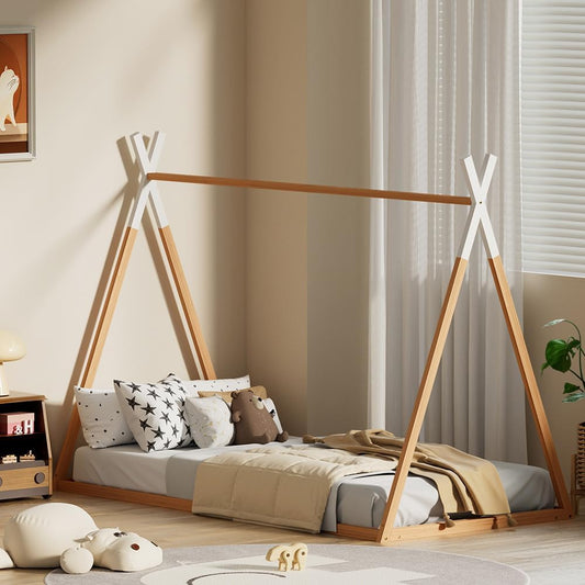 Artiss Single Bed Frame, Platform Wooden Montessori Beds Base with Plywood Slat, Timber Frames Kids House Bed for Boys Girls, Baby Cot Bedroom Home Furniture, Modern Design Oak, Easy Assembly