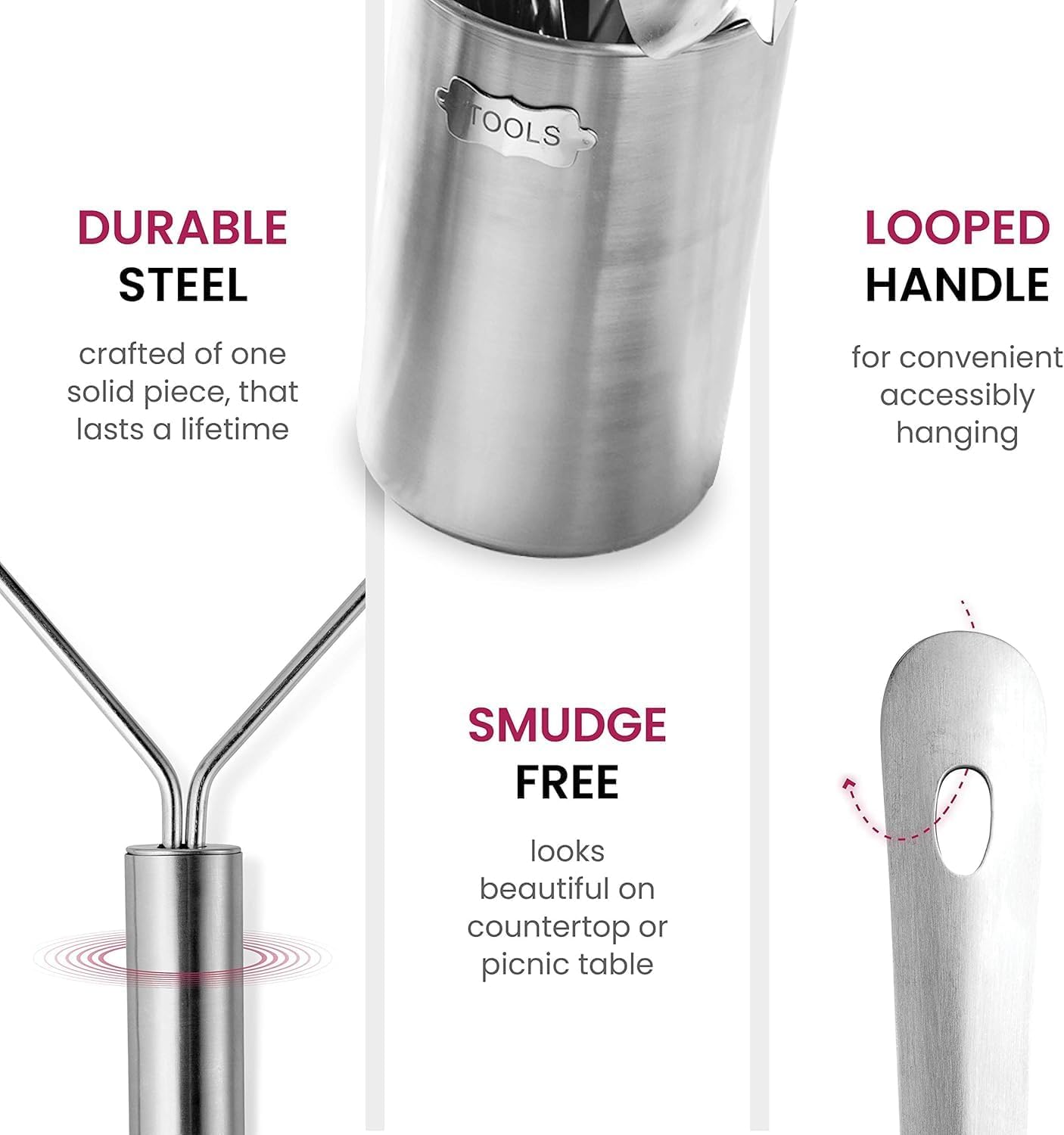 Kitchen Utensils Set - 10-Piece, Stainless-Steel Cooking Utensils w/Spoons, Whisk, Spatula, Tongs, Ladle, Masher & Cooking Utensils Holder - Kitchen Accessories, Gadgets and Tools (Brushed Finish)