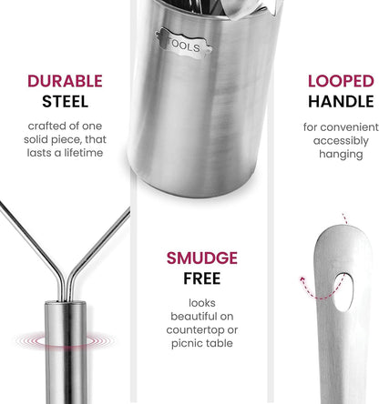 Kitchen Utensils Set - 10-Piece, Stainless-Steel Cooking Utensils w/Spoons, Whisk, Spatula, Tongs, Ladle, Masher & Cooking Utensils Holder - Kitchen Accessories, Gadgets and Tools (Brushed Finish)