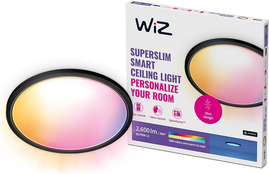 WiZ SuperSlim Smart Ceiling Light, 430 mm, 22 W, White or Coloured Light, SpaceSense Technology, Voice Control, Dimmable, Black