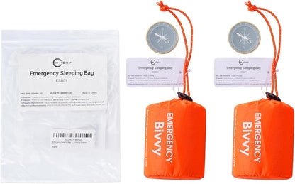 Esky Emergency Sleeping Bag, 2 Pack Portable Survival Thermal Bivy Sack, Waterproof Lightweight Survival Shelter Blanket Bags with Compass for Camping Hiking Outdoor Adventure