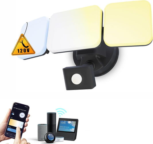 EMANER Smart Security Light Motion Sensor, Compatible with Alexa/Google Home, Warm White to Daylight White Brightness Adjust, App Controlled WiFi Flood Light (Black, 1-Pack)