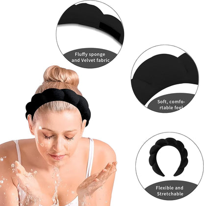 Spa Headbands for Women, 4 Pcs Makeup Headband for Washing Face Soft Hair Band Skincare Headbands for SPA Shower Sponge Headbands Wristbands (Black)