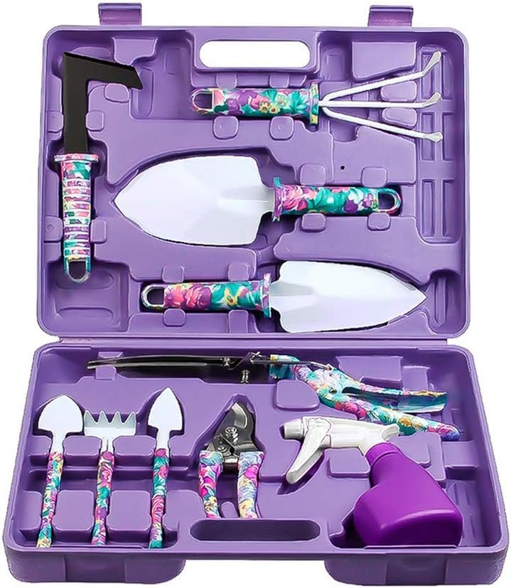 Garden Tool Set, Jhua 10 Pieces Gardening Tools with Carrying Case, Ergonomic Handle Trowel Rake Weeder Pruner Shears Sprayer, Garden Hand Tools Gardening Gifts for Women Men (Purple)