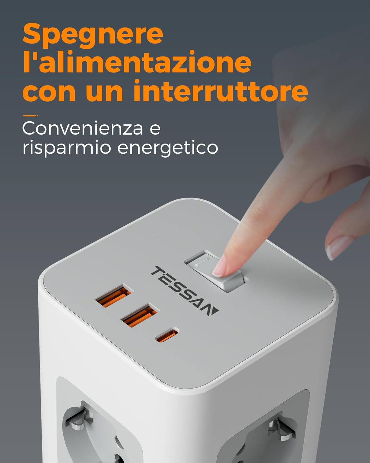TESSAN Girgio Power Strip with USB 20 W, Electric Power Strip with 8 IT 16A Sockets, Overvoltage Protection Power Strip with Switch and 2 Metres Electrical Extension, 3680 W Socket, Girgio