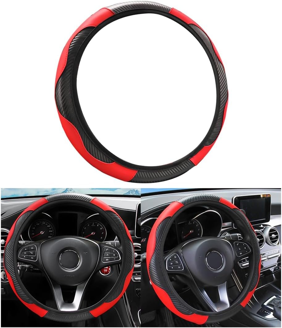 Car Steering Wheel Cover, Universal Microfiber PU Leather Elastic 15 inch Stitching Color Anti-Slip Steering Wheel Protector, Car Interior Protection Accessories Fashion Steering Wheel Cover (Red)