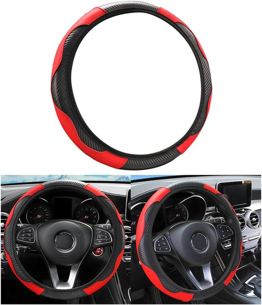 Car Steering Wheel Cover, Universal Microfiber PU Leather Elastic 15 inch Stitching Color Anti-Slip Steering Wheel Protector, Car Interior Protection Accessories Fashion Steering Wheel Cover (Red)