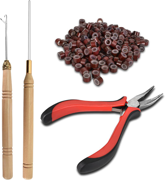 Colexy 200 Pieces Brown Micro Rings for Extension and 1 Piece Clip 2 Pieces Hooks, Hair Extension Tool Set, Wig Connector Kit, Hair Extension Accessories