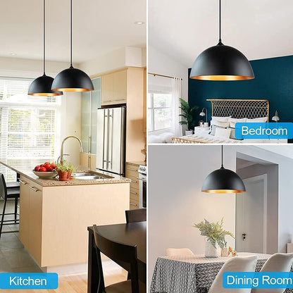 Depuley Kitchen Pendant Light, 2 Packs Industrial Ceiling Lighting Fixture with Metal Dome Lamp Shade, Hanging Lamp for Restaurant, Dining Room, Living Room, Coffee, Bar, Black and Gold