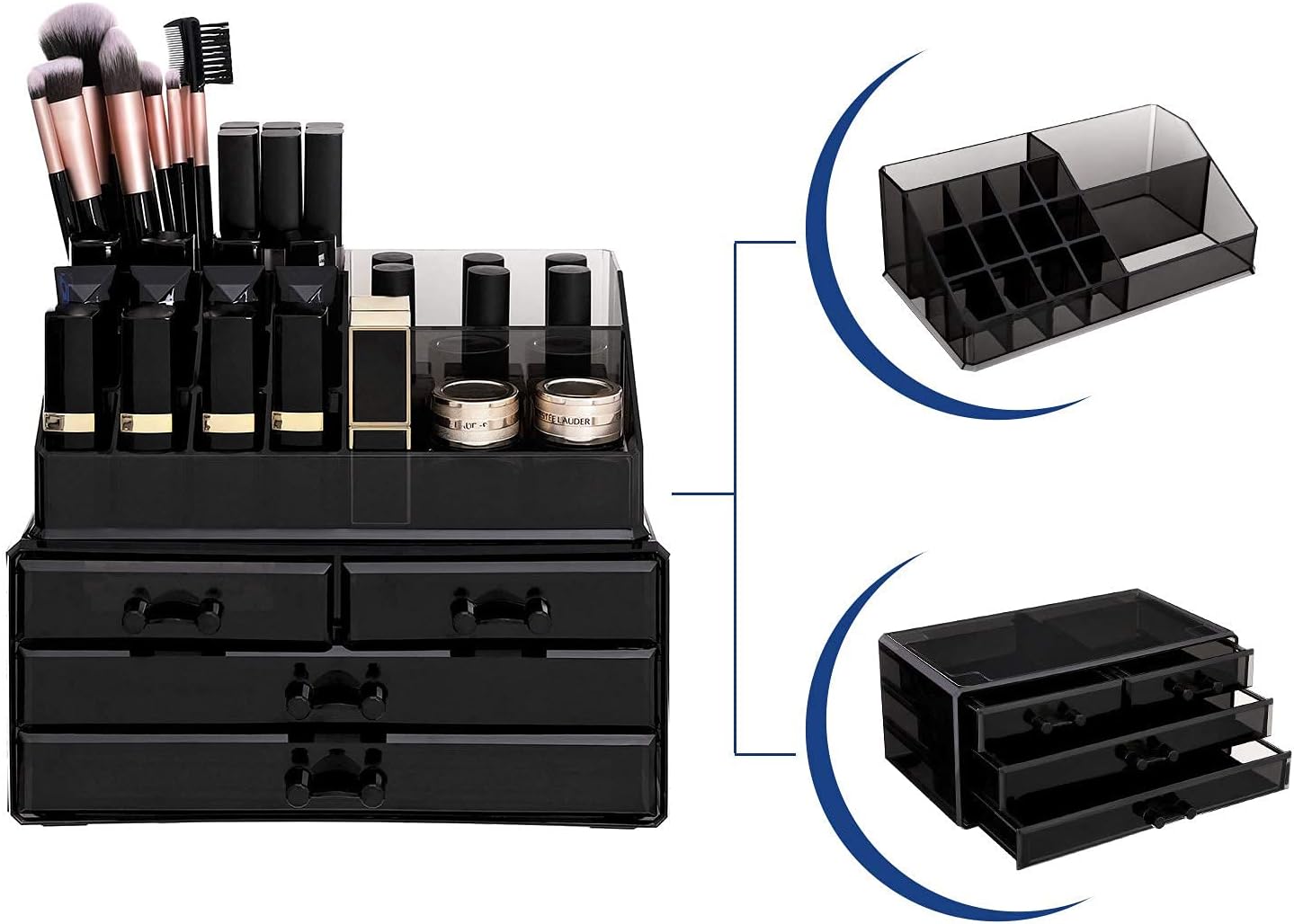 SONGMICS Makeup Organizer Makeup Organizer Stackable Acrylic Cosmetic Organizer with 4 Drawers for Eyeshadow Brushes Lipstick Nail Polish Gift Black JKA007BK