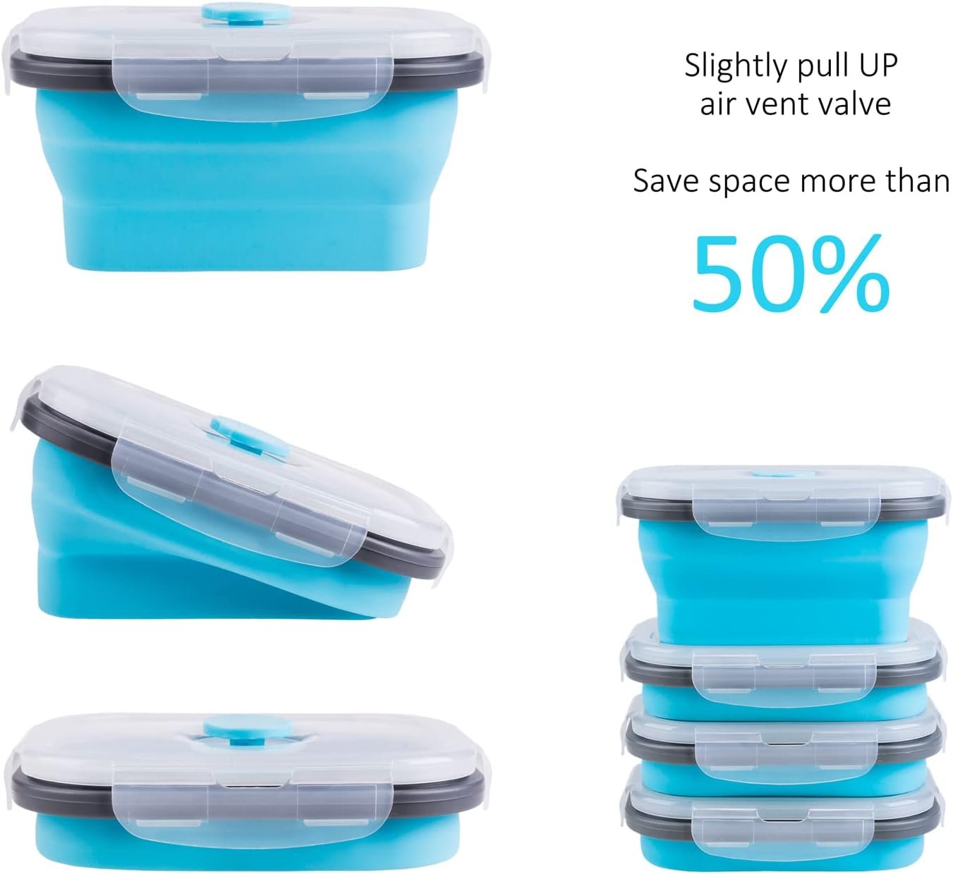 Collapsible Food Storage Containers with Airtight Lid and Vent Valve, Stacking Silicone Collapsible Storage Containers for Food, Microwave & Freezer & Dishwasher Safe, Blue, Small, Set of 4