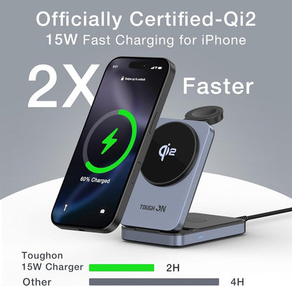 TOUGH ON Qi2 3 in 1 Wireless Charging Station for Apple, Qi2 15W Wireless Charger for iPhone, Compatible MagSafe Wireless Charger Stand for Multiple Devices iPhone 16/15/14/13/12, Apple Watch, AirPods
