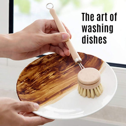 Wooden Dish Brush & Pot Cleaning Brush Premium Long-Handled Dish Brushes Kitchen Brushes with 2 PCS Replacement Heads