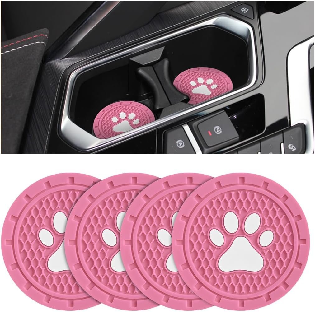 TSUGAMI Car Cup Holder Coaster, 4 Pack PVC Paw Print Anti Slip Insert Coasters, 2.75 Inch Universal Cute Dog Paw Auto Drink Mat, Car Interior Accessories Decor for SUV, Truck, RV and More (Pink)