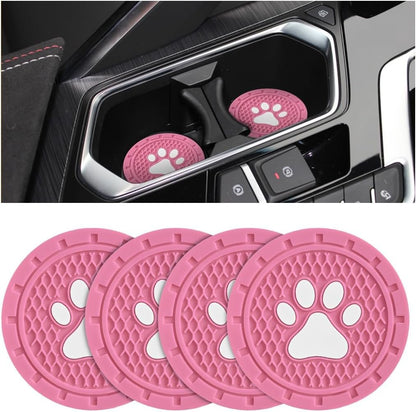 TSUGAMI Car Cup Holder Coaster, 4 Pack PVC Paw Print Anti Slip Insert Coasters, 2.75 Inch Universal Cute Dog Paw Auto Drink Mat, Car Interior Accessories Decor for SUV, Truck, RV and More (Pink)