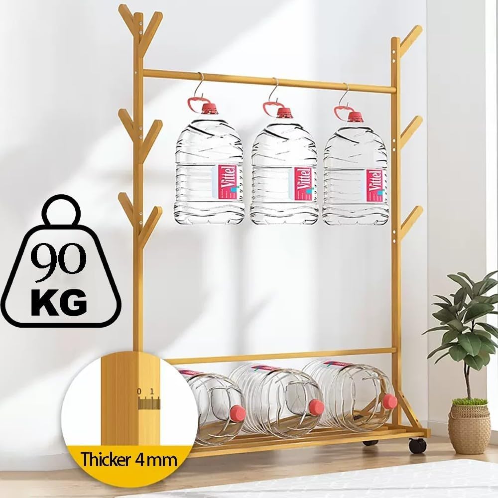 Generico Appendiabiti in bambù Resistente con Ruote e vano portascarpe - Supporto per Abiti Mobile per Camera da Letto, gruccia con Barre Appendiabiti, Organizer Elegante e Funzionale