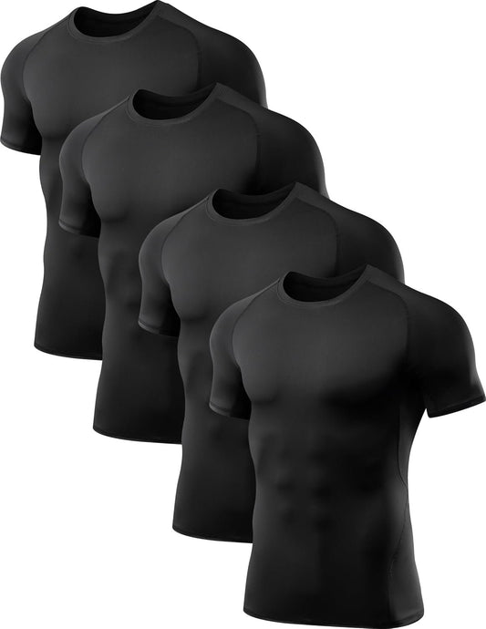 OYGSieg 4 Pack Compression Shirts for Men Short Sleeve Athletic Rash Guard Base Layer Undershirt Gear T Shirt for Workout