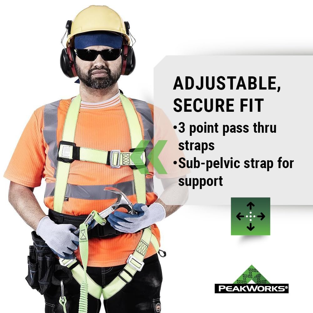 PeakWorks 1 D-Ring Compliance Series Fall Protection Full Body Safety Harness, Pass-Thru Buckle Leg, CSA & ANSI Certified, Class A - Fall Arrest, V8001000