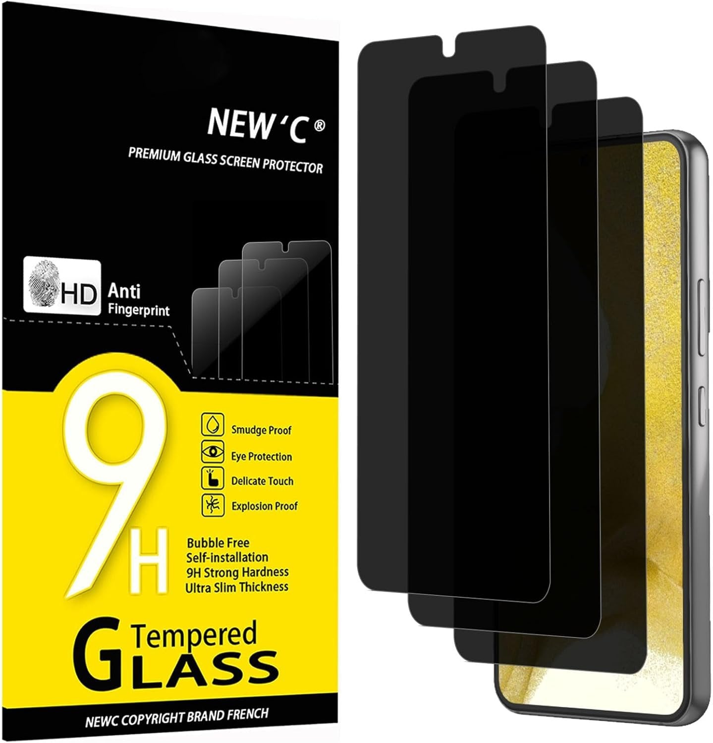 NEW'C 3 Pack Privacy Screen Protector for Samsung Galaxy S22 5G, Balanced 35-Degree Privacy Angle with Eye Protection, Ultra Durable 9H Hardness, Bubble-Free