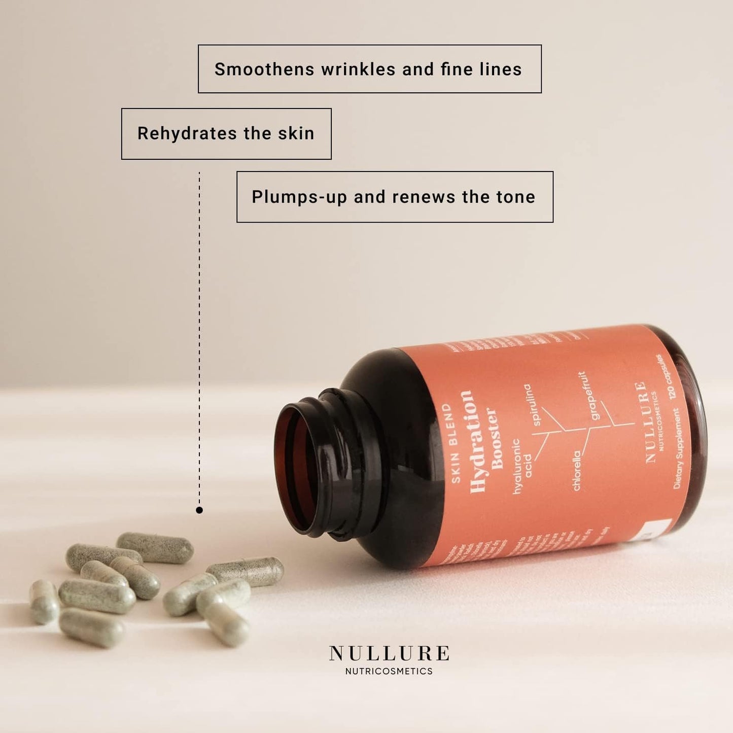 Pure Hyaluronic Acid | Natural Moisturising Supplement Nullure | Hyaluronic Acid + Spirulina + Chlorella + Vitamin B3 + Black Radish + Grapefruit | Anti-Wrinkle Prevention | 120 Capsules (2 Months)