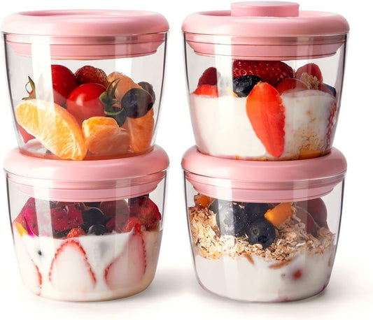 Ankou Meal Prep Container,14oz 400ml Set of 4 Overnight Oats Containers with Lids,Airtight Leakproof Pop Top Lid Bowl for Leftovers,Glass-like Clarity Tritan Material Food Storage 400ml*4 Pink
