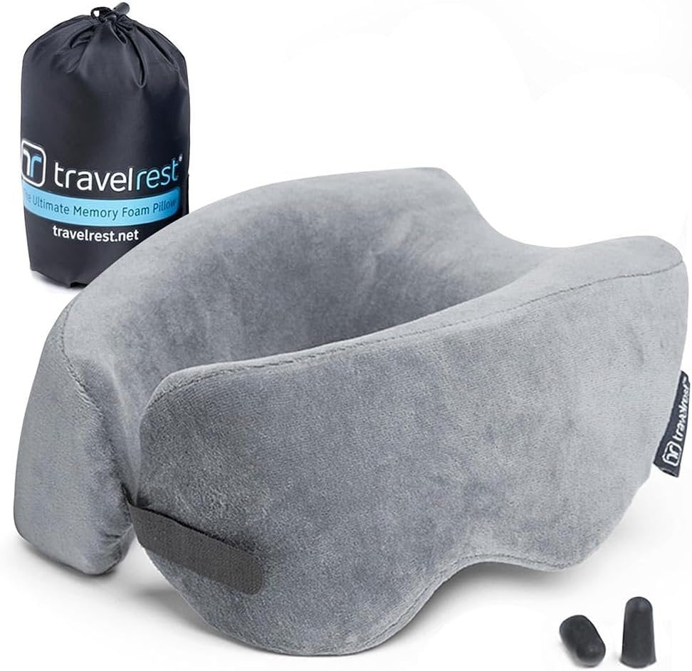 TRAVELREST Nest Memory Foam Travel Neck Pillow, Advanced Support for Long Flights, Patented Design, Optimal Relaxation, Compact, Ergonomic, Washable, On-The-Go, Attaches to Luggage - Gray