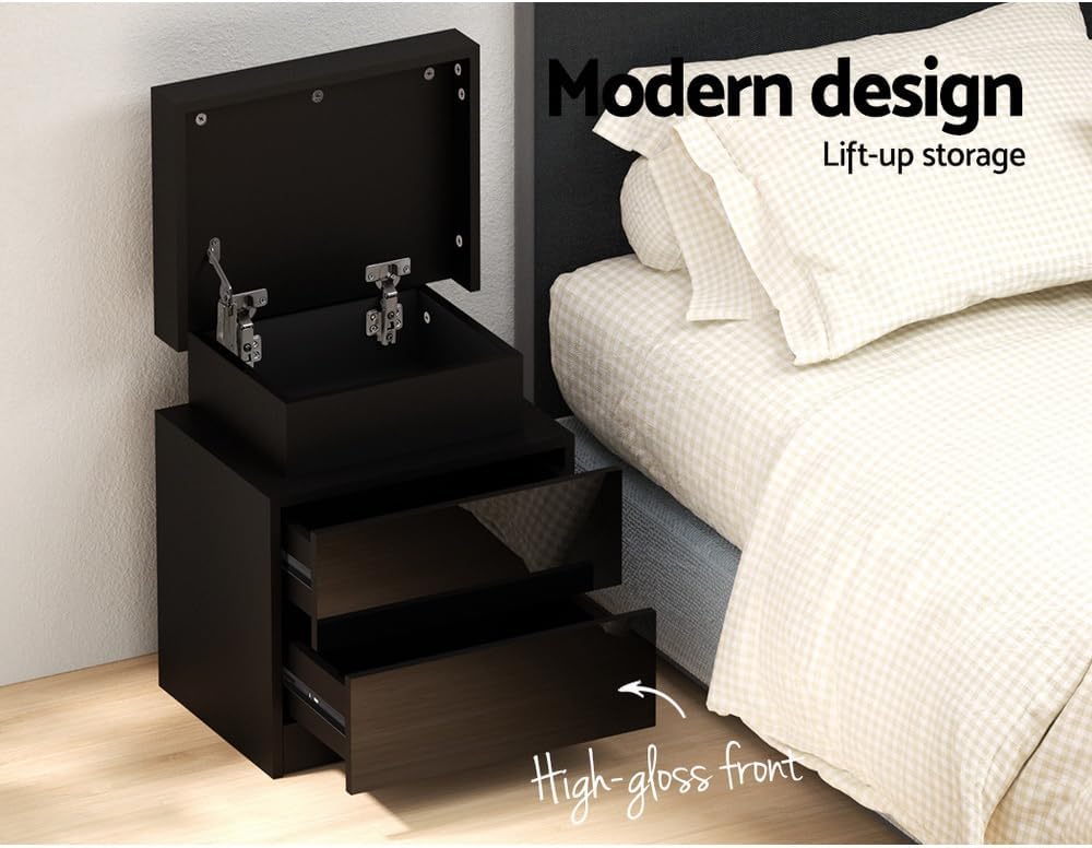 Artiss Bedside Table RGB LED Black High Gloss with 2 Drawers and Lift Up Storage Nightstand, Bedroom Furniture, Bed End Side Cabinet Narrow Space Organiser Unit Living Room Home