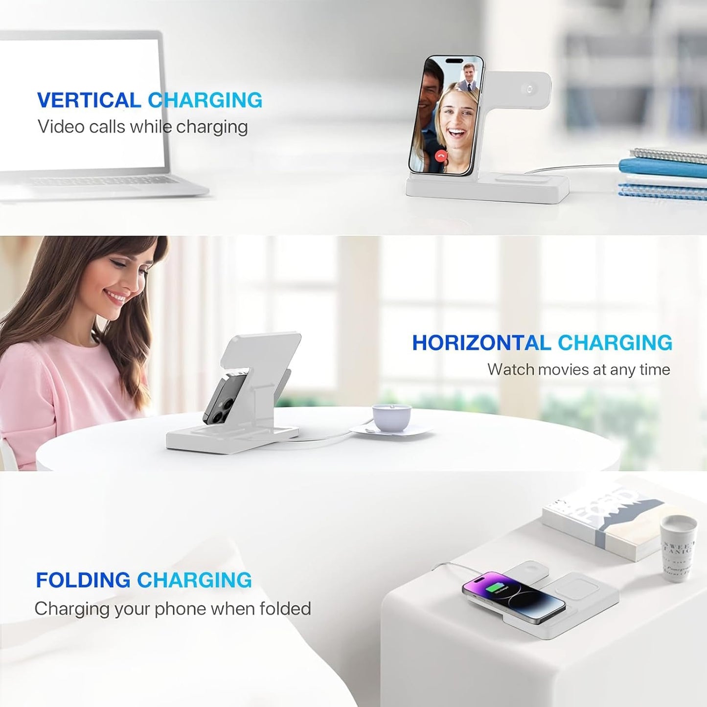 3 in 1 Wireless Charger Station Compatible with Apple Phones, iWatch, Airpods, 15W Portable Wireless Charger Stand with Adapter, White