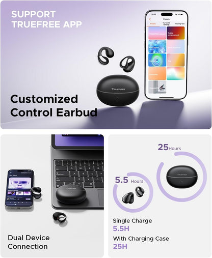 TRUEFREE B1 Open Ear Wireless Earbuds，Clip on Bluetooth 5.4 Headphones with Dynamic Bass, 4 Mics for Clear Calls, Dual Connection, Lightweight & Secure Fit, Ideal for Sports & Workouts, APP Control