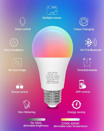 LUTW Smart Light Bulb, E27 Screw LED Bulb Colour Changing, Compatible with Alexa, Google Home, 9W 900lm RGBCW 2700K-6500K Bluetooth &WiFi 2.4GHz, Pack of 2 (No Hub Required)