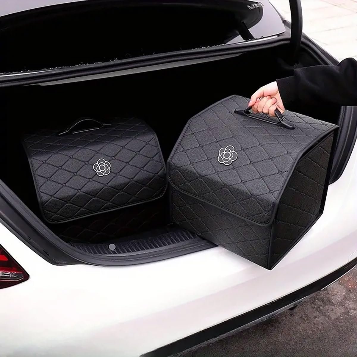AIMALL Quilted Car Trunk Organizer, Multifunctional Storage Box for Women, Stylish Black