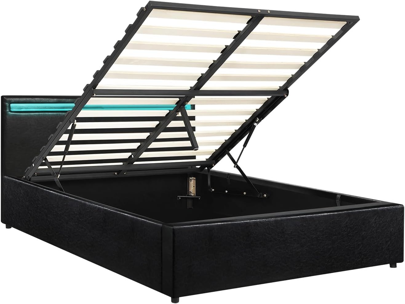 Oikiture Bed Frame Double Size Pu Leather Bed Frame Gas Lift with Storage and LED Light Bed Base Black