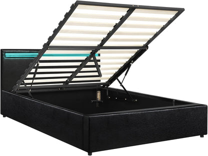 Oikiture Bed Frame Double Size Pu Leather Bed Frame Gas Lift with Storage and LED Light Bed Base Black