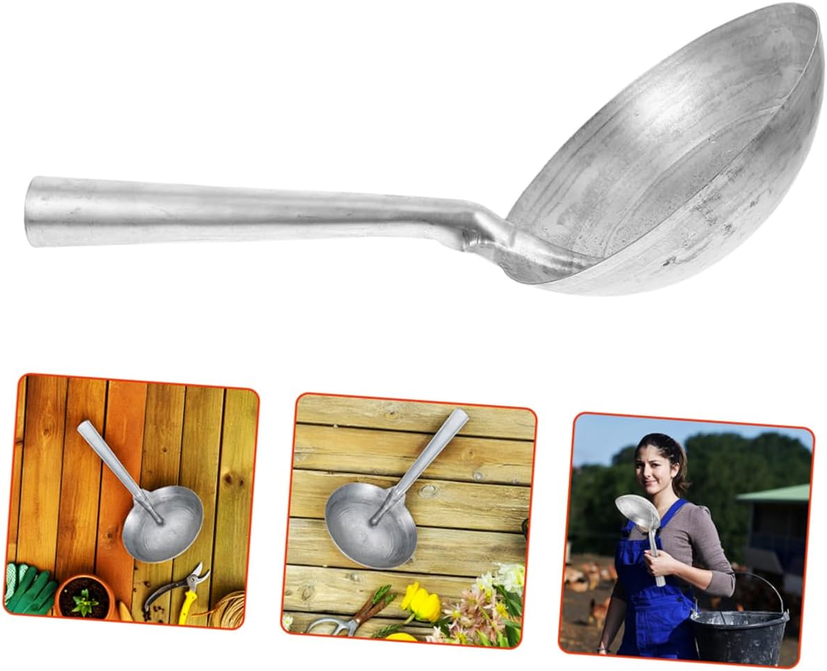 Abaodam Heavy Duty Iron Ladle for Feeding and Watering Reusable Soup Spoon with Ergonomic Handle Durable and Polished Surface for Farm and Garden Use