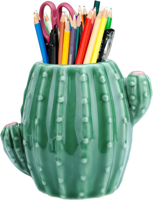 Cactus Ceramic Pen Holder Cute Pen Cup, Pencil Cups for Desk Pencil Holder, Pencil Caddy for Desk Accessories Office Decor, Cactus Makeup Brush Organizer (Green)