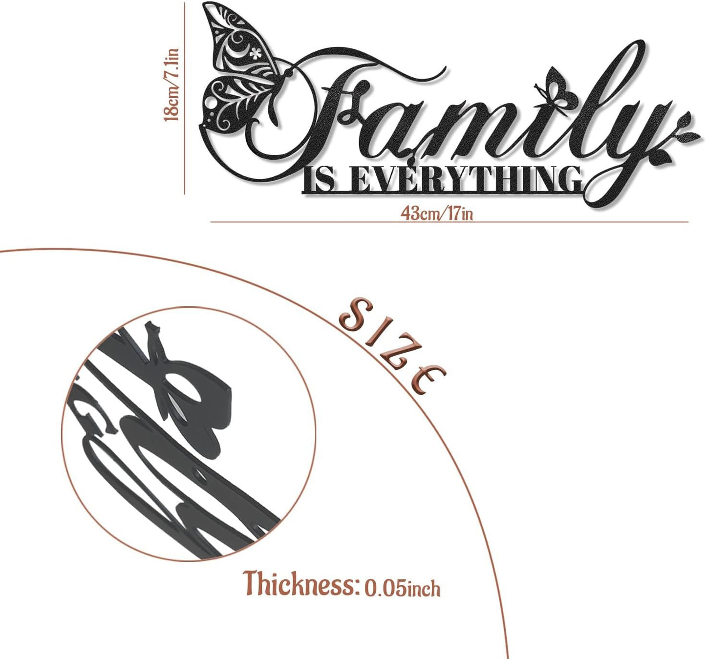 Family Signs Metal Wall Decor, Family Is Everything Word Sign with Butterfly for Home Decor Wall, Black Iron Wall Art Plaque Decorations for Living Room, Dining Room, Bedroom, Housewarming, 17”x6.3” (Family)