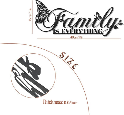 Family Signs Metal Wall Decor, Family Is Everything Word Sign with Butterfly for Home Decor Wall, Black Iron Wall Art Plaque Decorations for Living Room, Dining Room, Bedroom, Housewarming, 17”x6.3” (Family)