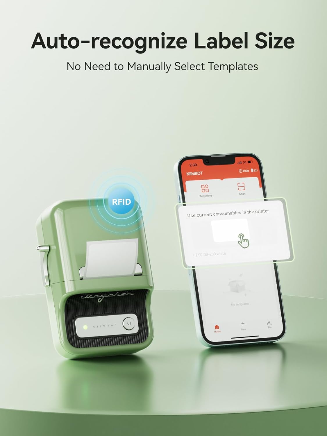NIIMBOT B21 Inkless Label Maker, Mini Thermal Label Maker Compatible with iOS & Android, for Home Organization, Business, Barcode, QR Code, with 1 Pack 50x30mm White Label, Green