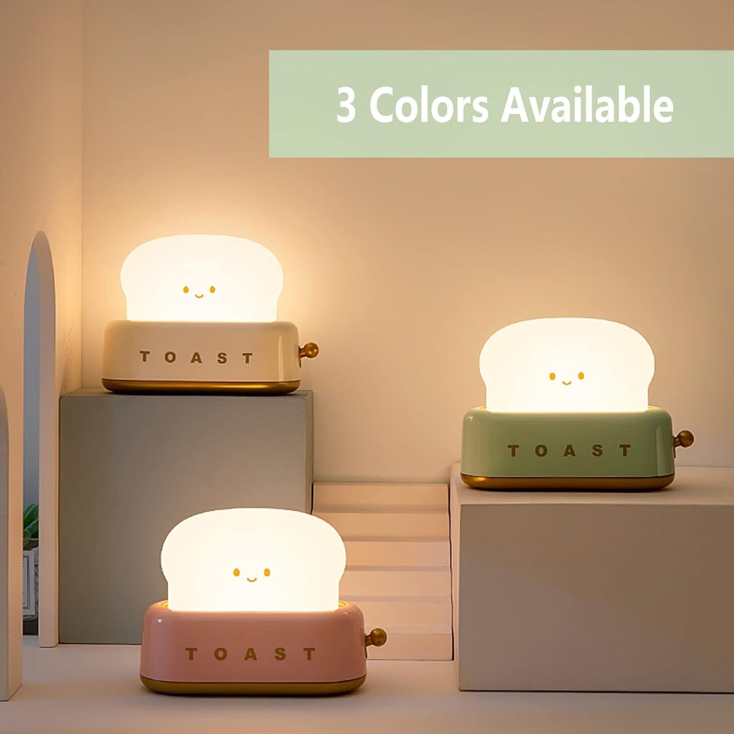 DEALFUN Smiling Toast Bread Toaster Night Light Lamp,Rechargeable Small Beside Lamp in Cute Shape for Room Decor,Bedroom,Bedside,Living Room,Dining,Desk Decoration Men,Women,Kids,Boys,Girls,(Green)