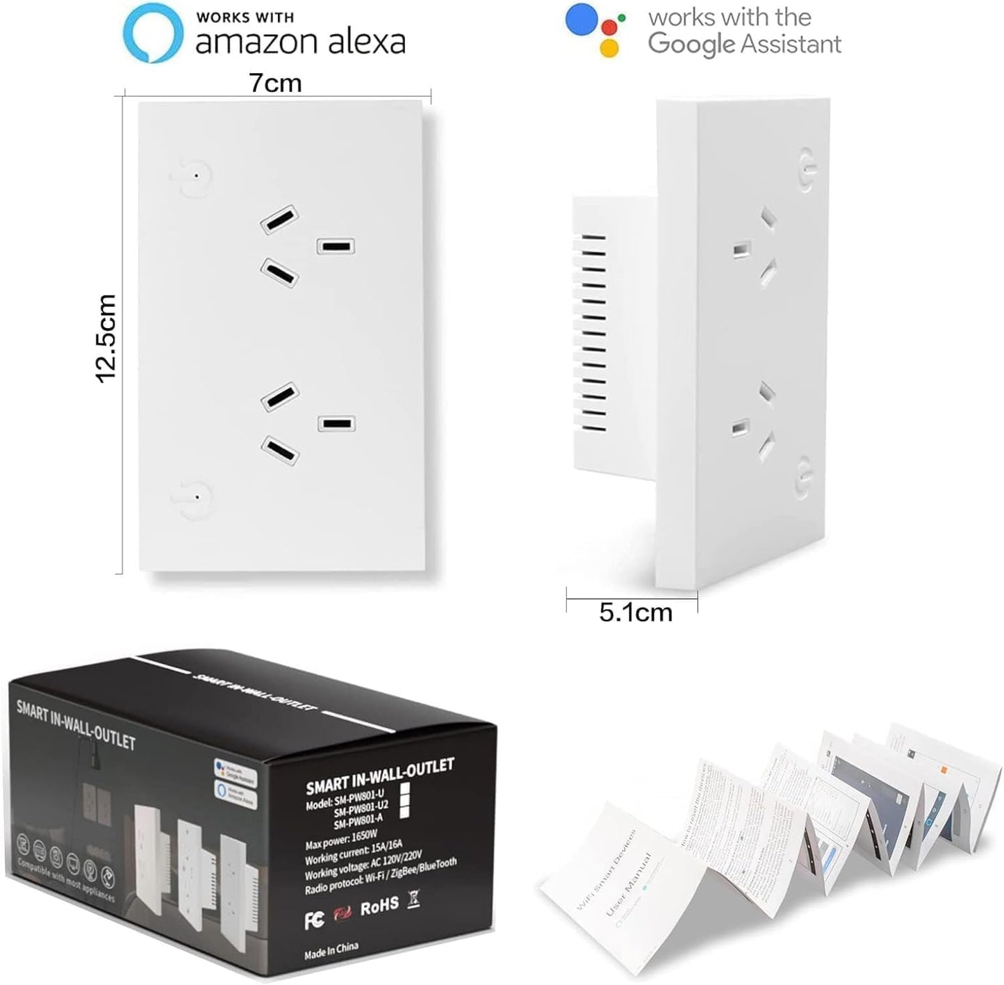 Zauzau Matter Smart Wall Socket, 118mm Wall Plug, 16A Plug Work with Apple Homekit, Siri, Alexa, Google Home,Smart Socket, Smart Home Automation, Remote Control, Timer, 2.4G Wi-Fi Only (1 Pack)