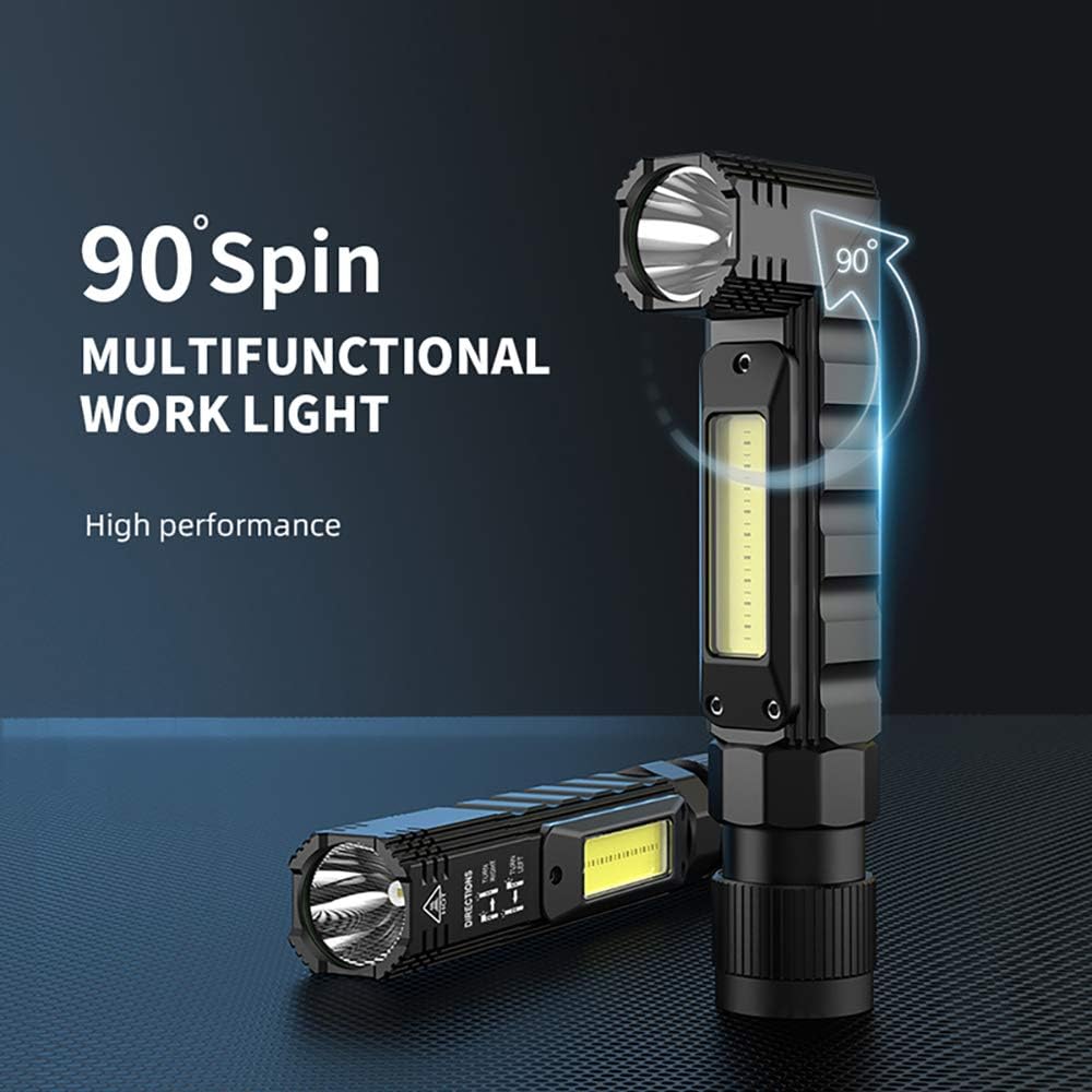 Portable Flashlight, 800 Lumens USB Rechargeable Tactical Flashlight, 90 Degree Rotate, Magnet Tail, Flashlight IPX4 Waterproof Led Flashlight 5 Modes, COB Work Light for Camping, Outdoor, Reading
