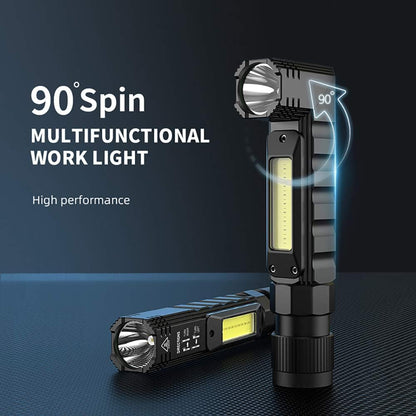 Portable Flashlight, 800 Lumens USB Rechargeable Tactical Flashlight, 90 Degree Rotate, Magnet Tail, Flashlight IPX4 Waterproof Led Flashlight 5 Modes, COB Work Light for Camping, Outdoor, Reading