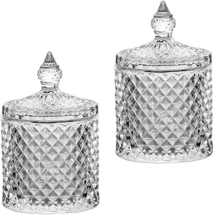 MengCat Cotton Ball and Swab Holder Organizer,Clear Glass Bathroom Vanity Countertop Canister Jars with Lid, Apothecary Jars Holder Makeup Organizer for Pads,Bath Salts 8.8OZ Set of 2