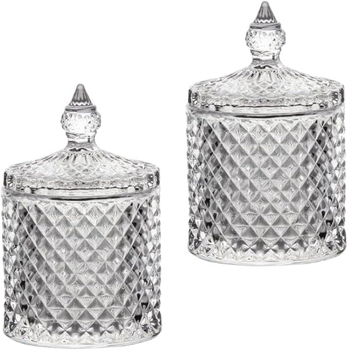 MengCat Cotton Ball and Swab Holder Organizer,Clear Glass Bathroom Vanity Countertop Canister Jars with Lid, Apothecary Jars Holder Makeup Organizer for Pads,Bath Salts 8.8OZ Set of 2