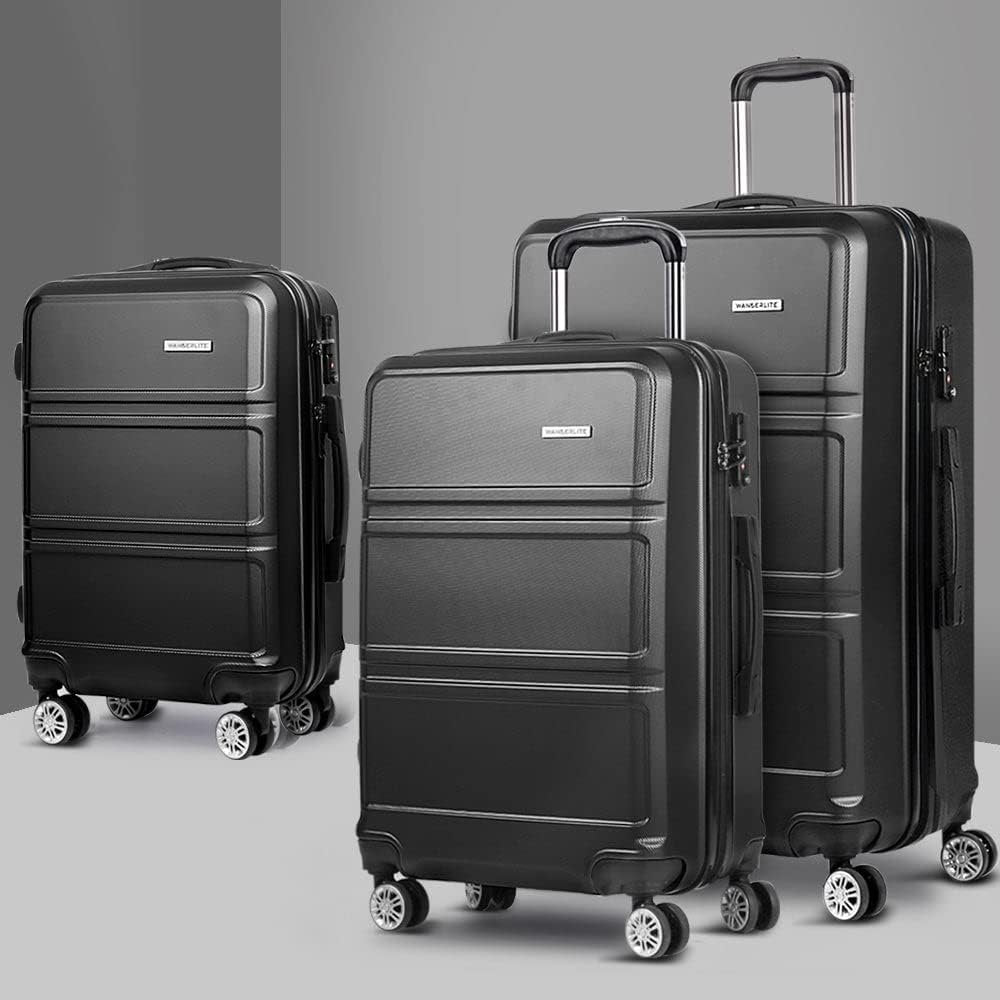 Wanderlite Luggage Set 3pcs Black Suitcase Storage Organizer Hand Luggages Travel Hard Case Hardside, Lightweight Trolley Carry on Bag, TSA Lock 4 Universal Wheels