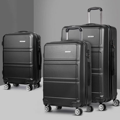 Wanderlite Luggage Set 3pcs Black Suitcase Storage Organizer Hand Luggages Travel Hard Case Hardside, Lightweight Trolley Carry on Bag, TSA Lock 4 Universal Wheels